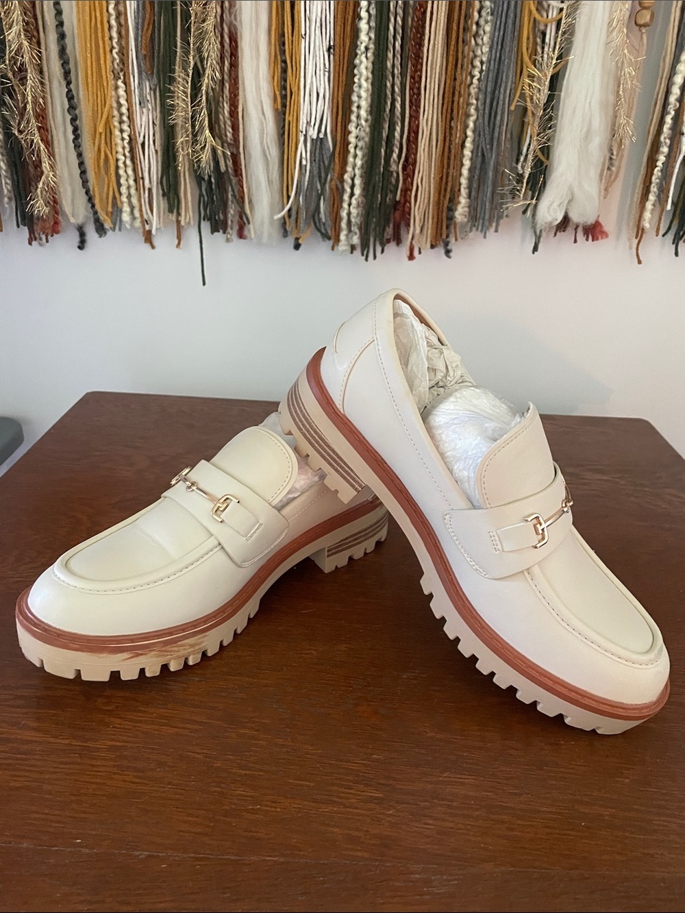 Cream Lug Sole Loafers with Gold Bit Detail
